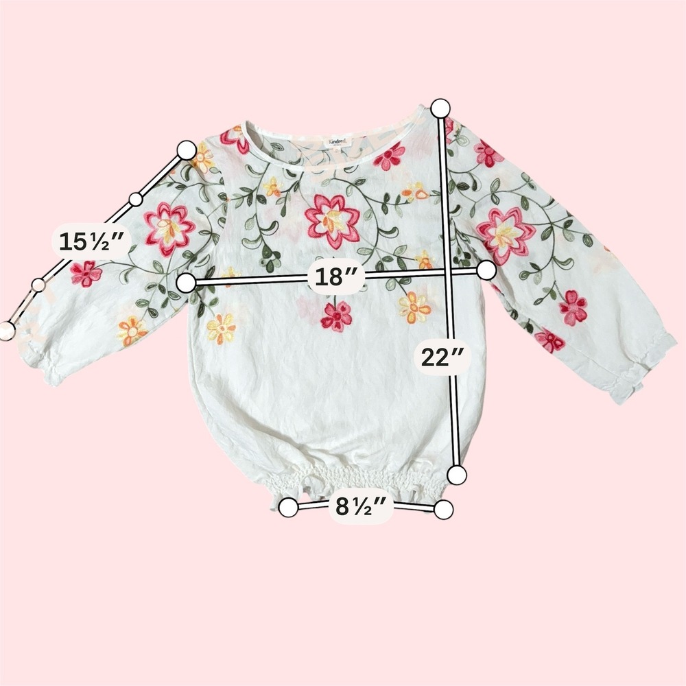 Kindred P-Medium White Floral Embroidered Smocked Hem Blouse 3/4‎ Sleeve Boho - Picture 8 of 9
